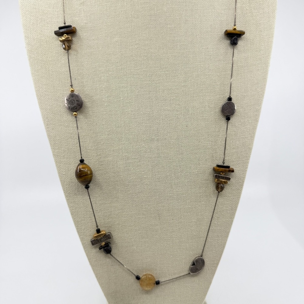Tiger Eye Citrine Look Long Station Necklace Inspire Strength Boho Mixed Metal